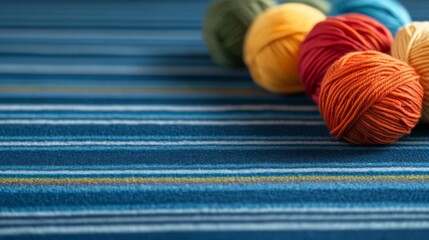 Poster - Vibrant yarn balls are neatly arranged on a striped fabric, showcasing an array of colors that inspire warmth and creativity, with open space for text or design