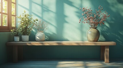 Poster - Serene Scandinavian Interior with Wooden Table and Green Wall in Bright Kitchen