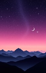 Wall Mural - pink night sky over silhouetted mountain ranges