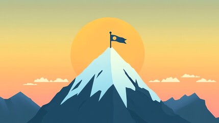 Wall Mural - A stylized mountain range at sunset with a flag flying atop the highest peak.