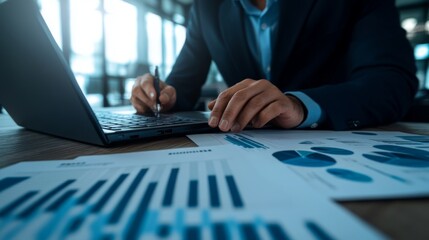 Aufkleber - Businessman Analyzing Data with Laptop and Charts in Modern Office