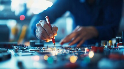 Fototapete - A person skillfully solders a circuit board with focus, surrounded by organized tools that reflect the importance of precision in electronics work