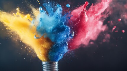 Poster - A light bulb bursts open, sending vibrant blue, red, and yellow paint splashes against a dark gray backdrop, capturing the essence of creativity in dynamic arcs