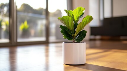 Leinwandbilder - Bright natural light fills a modern loft showcasing a potted fiddle-leaf fig on a wooden floor against a clean white wall, creating a serene atmosphere