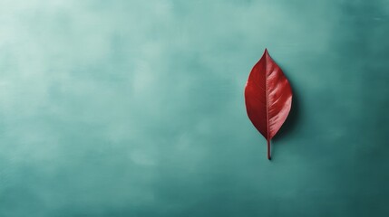 Poster - A single vibrant red leaf stands out against a soft pastel blue background, showcasing its intricate texture and shape with plenty of empty space on one side