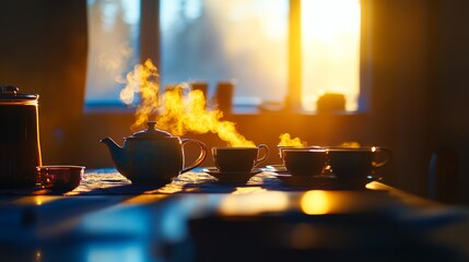 Poster - Morning tea is served by a sunlit window, with steam rising from a ceramic teapot and warm sunlight creating a cozy atmosphere on the table