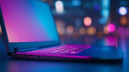 Fototapete - A glowing laptop shines with vibrant blue and pink hues, creating a captivating atmosphere in a dark environment, perfect for tech lovers and creators