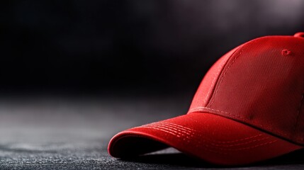 Leinwandbilder - A striking red baseball cap sits prominently against a dark background, enhanced by soft lighting that highlights its texture and form, offering branding potential