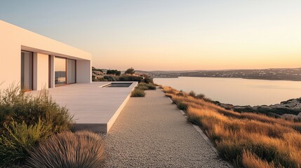 Wall Mural - Exterior view of a modern house with infinity pool overlooking the sea at sunset. Minimal architecture style. Generative AI 