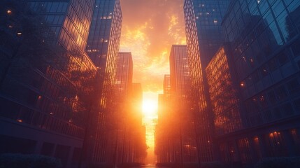 Poster - Sunset illuminating a cityscape between glass skyscrapers.