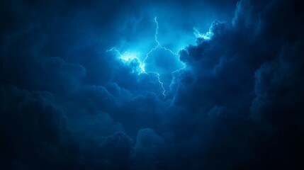 Poster - A vivid blue lightning bolt spreads jaggedly across a dark, stormy sky, illuminating ominous clouds and creating an electrifying atmosphere in the night