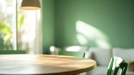 Poster - A Scandinavian-style dining room features mint green chairs around a round wooden table, accented by a soft green wall and minimalist white sofa in the background