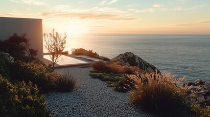 Wall Mural - Exterior view of a modern house with infinity pool overlooking the sea at sunset. Minimal architecture style. Generative AI 