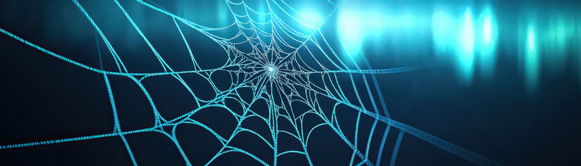 detailed spider web illuminated by blue light against dark background creates captivating and surreal atmosphere. intricate design of web contrasts beautifully with glowing hues
