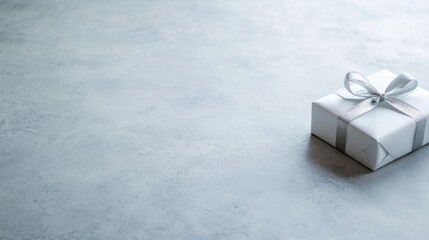 Poster - A single wrapped gift box, adorned with a shiny silver ribbon, sits on a smooth marble surface