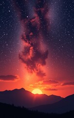 Wall Mural - majestic sunset over mountains with starry night sky