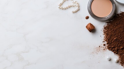 Poster - Delicate makeup items are arranged on a marble background with scattered pearls, presenting a refined aesthetic perfect for beauty and cosmetic promotion