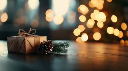 Poster - A beautifully wrapped Christmas gift is complemented by a pine cone and a sprig of evergreen, creating a cozy festive atmosphere with warm fairy lights in the background