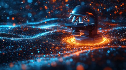 Poster - A futuristic microscope surrounded by glowing particles.