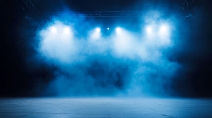 Aufkleber - An empty concert stage is illuminated by cool blue and white spotlight beams, while gentle swirls of smoke enhance the dramatic atmosphere with ample space for text