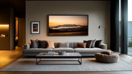 Poster - Cozy modern living room featuring a stylish gray sofa, soft textures, warm lighting, and a large decorative photo frame on the wall, perfect for relaxation