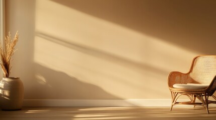 Aufkleber - Empty boho-inspired room showcases a wicker armchair and ceramic vase with sunlight streaming through a window, creating a calm and inviting atmosphere