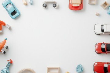 Aufkleber - colorful children's toys including cars, dolls, and blocks are arranged in a playful flat lay style 