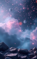 Wall Mural - rocks underneath a night sky with moons and fireworks