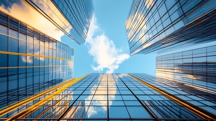 Aufkleber - Modern Glass Skyscrapers Reflecting Sky and Clouds in Urban Landscape : Generative AI