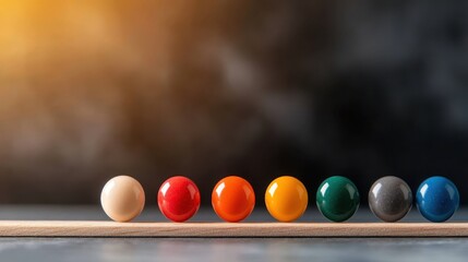 Aufkleber - A row of colorful, vibrant balls sitting neatly on a wooden surface with a softly blurred, gradient background, creating a harmonious visual aesthetic.