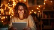 © JoxyAimages - A smiling woman in a cozy setting reads from a tablet, surrounded by warm ambient lighting, evoking a feeling of joy and comfort during her leisure time.