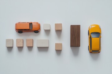Aufkleber - Children's toys featuring cars and blocks are artistically laid out on a white surface, providing space for creative text additions. Generative AI