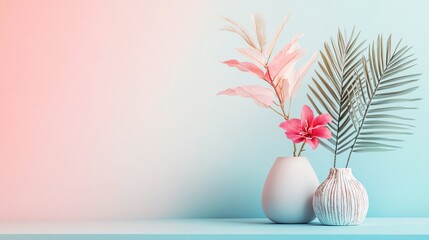 Wall Mural - Two white vases with pink leaves and a single pink flower in one and a green palm frond in the other.