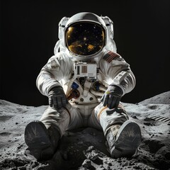 Wall Mural - front view of white astronaut on moon dark background cosmic galaxy globe discovery