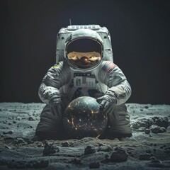 Wall Mural - front view of white astronaut on moon dark background cosmic galaxy globe discovery