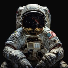 Wall Mural - front view of white astronaut on moon dark background cosmic globe discovery