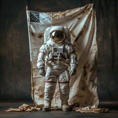 Wall Mural - front view of white astronaut with white flag on a dark background discovery moon cosmic