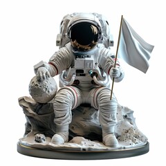 Wall Mural - front view of white astronaut with white flag on dark desk cosmic discovery moon