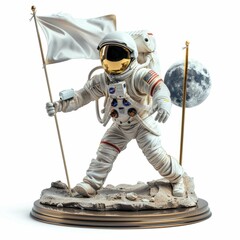 Wall Mural - front view of white astronaut with white flag on dark desk cosmic discovery moon