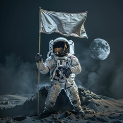 Wall Mural - front view of white astronaut with white flag on dark background discovery moon cosmic