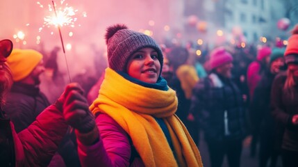 Fototapete - A girl wrapped in a warm scarf and hat holds a sparkler, smiling amid a lively crowd celebrating together under colorful fireworks at night