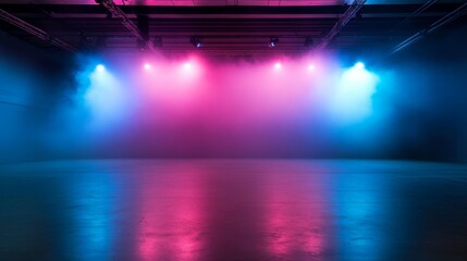 Aufkleber - Vivid neon pink and blue spotlights illuminate an empty stage with a smooth reflective floor surrounded by light mist, creating a striking and dramatic ambiance