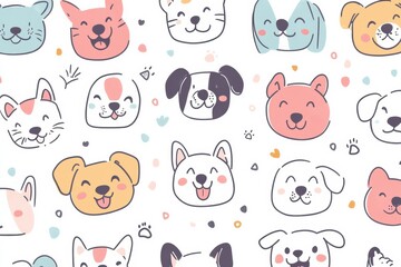 Poster - Whimsical doodles of various dog faces are arranged playfully on a bright background, featuring ample room for custom text elements. Generative AI