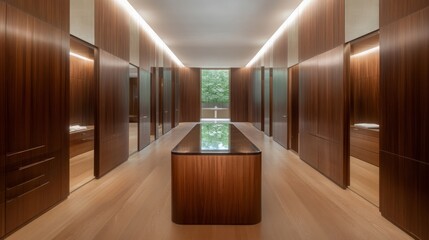 Aufkleber - This stylish dressing room showcases a long wooden vanity with a glass top, surrounded by soft ambient light and elegant design elements, creating a serene atmosphere