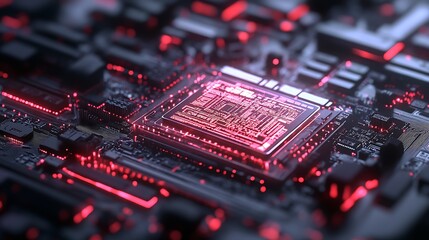Poster - Futuristic Glowing Red Circuit Board with Central Microchip Illustration : Generative AI