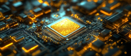 Leinwandbilder - Modern Electronic Circuit Board with Luminous Microchip Core : Generative AI