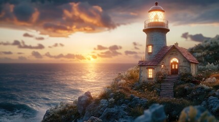 Poster - A romantic lighthouse with a sea view, where a couple can spend an evening, watching soft waves a