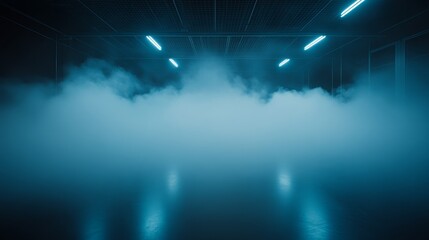 Fototapete - Dense swirling mist is beautifully illuminated by pale blue and white lights in a commercial setting, producing a magical and otherworldly effect