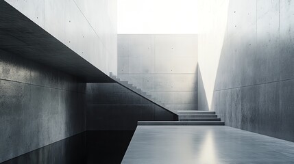 Wall Mural - A modern, minimalist interior with concrete walls and a set of stairs.