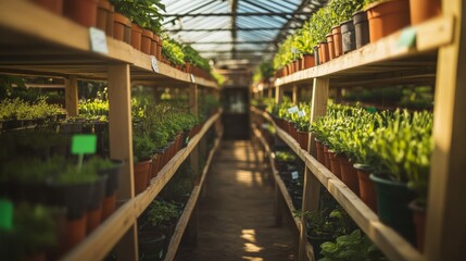 Poster - Potted plants are neatly arranged on wooden shelves in a bright greenhouse, with natural light highlighting the vibrant greens and creating a refreshing atmosphere